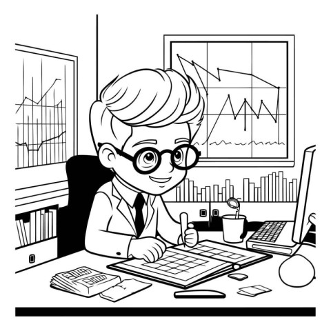 Black and white illustration of a young businessman working at h