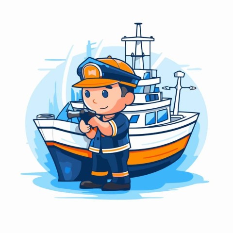 Fisherman with fishing boat. Vector illustration in cartoon styl