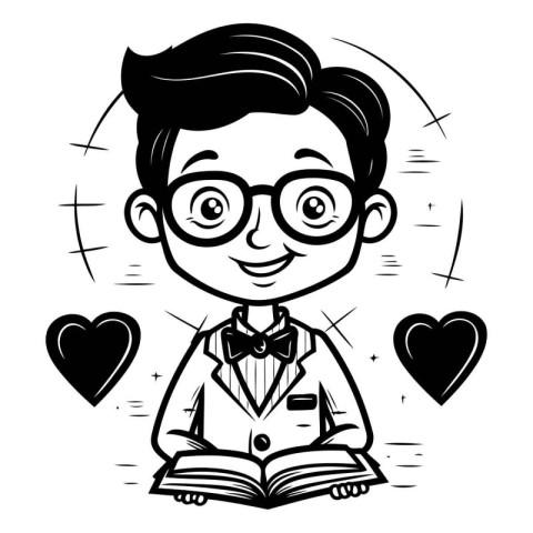 Boy with book and hearts. Black and white vector illustration fo