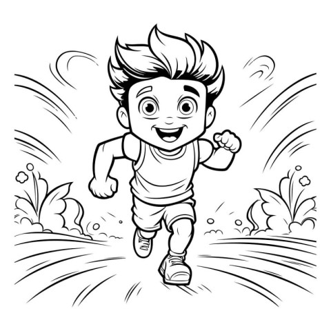 Black and White Cartoon Illustration of Kid Running or Running f