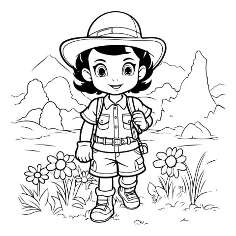 Coloring Page Outline Of a Little Boy Hiking in the Nature