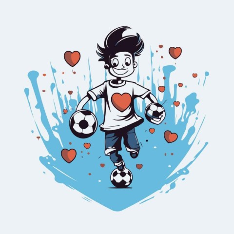 Vector illustration of a boy playing football with hearts and sp