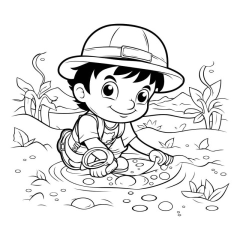 Black and White Cartoon Illustration of Little Boy or Kid Wearin