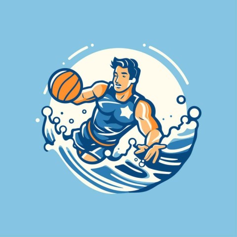 Basketball player with ball on the wave. Vector illustration in