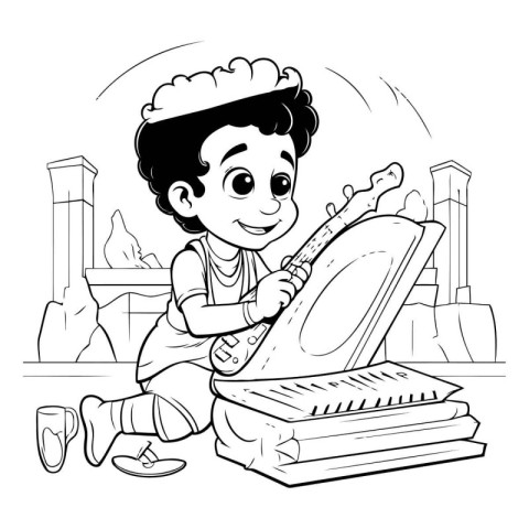 Boy playing the harp. Black and white vector illustration for co