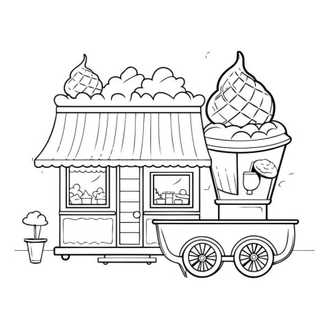 Fast food cart with ice cream. Vector illustration in line art s