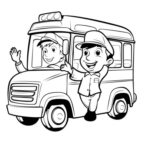 Schoolboy and school bus - Black and White Cartoon Illustration.