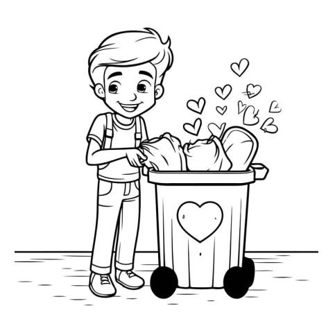 Cute boy cartoon with trash can and hearts vector illustration g