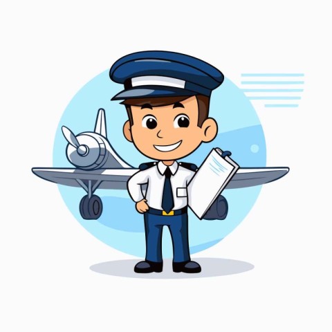 Pilot with airplane on white background. Vector illustration in