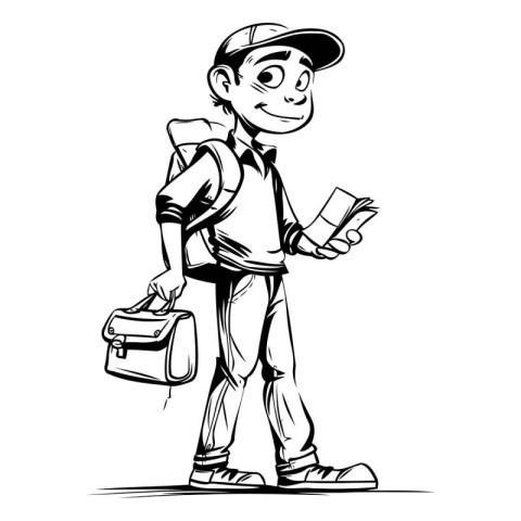 Vector illustration of a schoolboy with a backpack and a book.