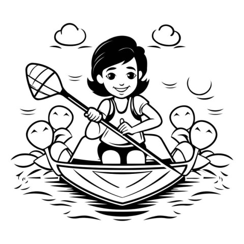 Black and White Cartoon Illustration of Little Girl Rafting a Ca