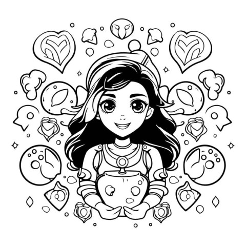 Coloring book for adults. Cute girl with hearts. Vector illustra