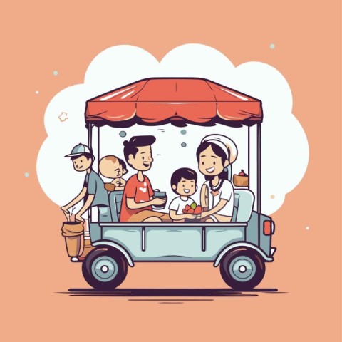 Family eating in a tuk tuk car. Vector illustration.