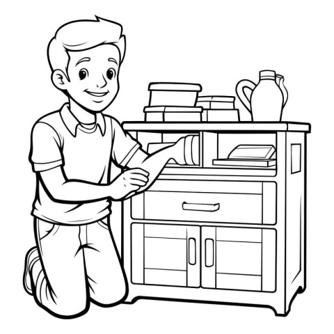 Black and White Cartoon Illustration of Boy Laundry Cleaning Fur