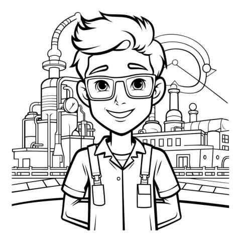 Black and White Cartoon Illustration of Boy or Teenager with Gla