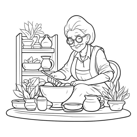 Woman potter at work. Black and white vector illustration for co