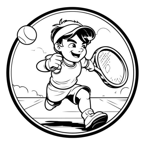 Vector illustration of a boy playing tennis. Black and white ill