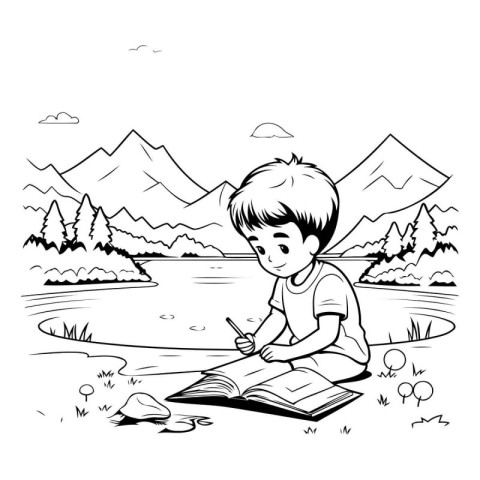 Boy reading a book by the lake. Black and white vector illustrat