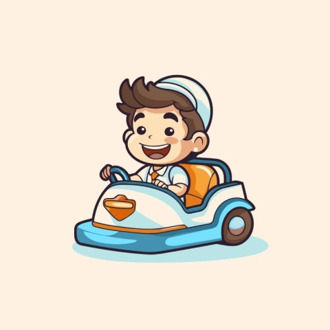 Cute Boy Driving a Bumper Car Cartoon Vector Illustration.