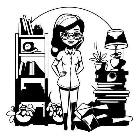 young woman student with bookshelf and books vector illustration