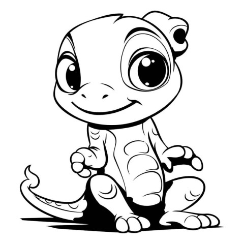 Cute Baby Lizard - Black and White Cartoon Illustration. Vector