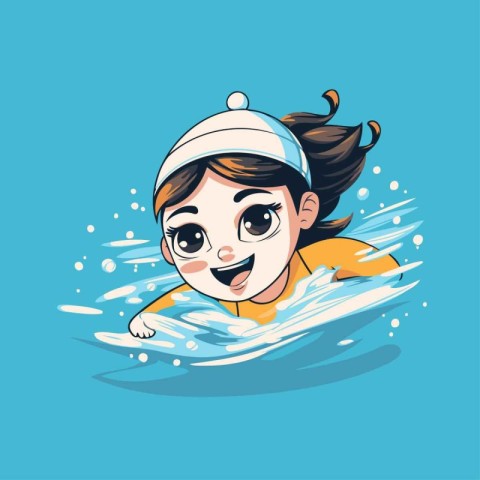 Cute girl swimming in the sea. Vector illustration in cartoon st