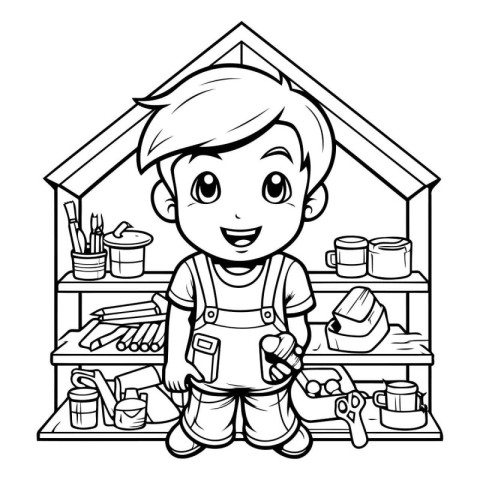 Black and White Cartoon Illustration of Kid Carpentry Worker Cha