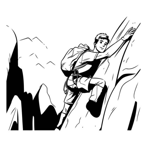 Rock climber climbing up on a cliff. black and white vector illu