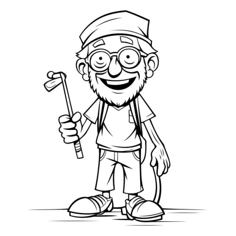 Grandpa with golf club - Black and White Cartoon Vector Illustra