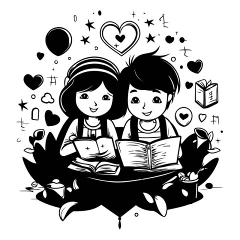 Black and white illustration of a boy and girl reading a book to