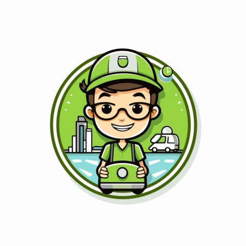 Cute cartoon delivery boy with car. Vector illustration on white