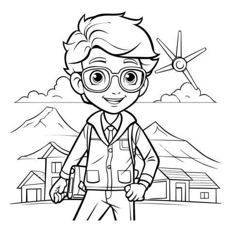 Black and White Cartoon Illustration of Kid Boy Traveler or Trav