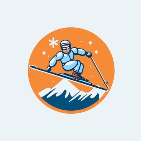 Skiing logo. Vector illustration of skier on mountain.