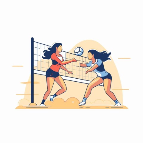 Volleyball players team. Female volleyball players match. Vector