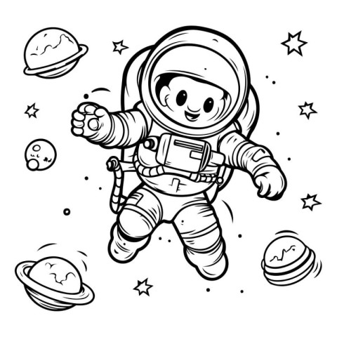 Astronaut in outer space. Vector illustration for coloring book.