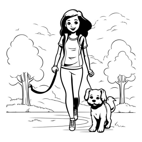 Young woman walking with her dog in the park. black and white ve