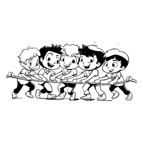 Cartoon kids playing tug of war. Black and white vector illustra