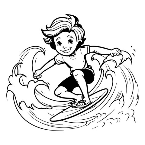 Boy surfing. Black and white vector illustration for coloring bo