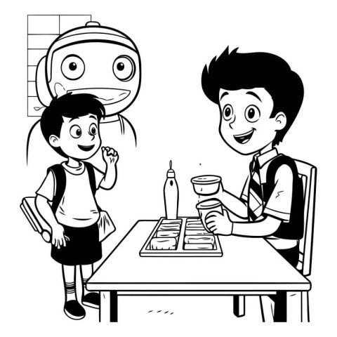 Boy and girl studying with teacher. Black and white vector illus