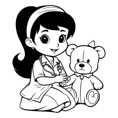 Vector illustration of a cute little girl playing doctor with te