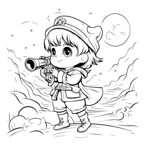 Cute little girl explorer with binoculars. Vector illustration.