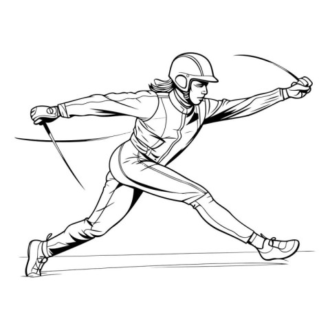 Fencing. Black and white vector illustration of a fencer in acti