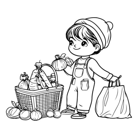 cute little boy with groceries in the basket vector illustration