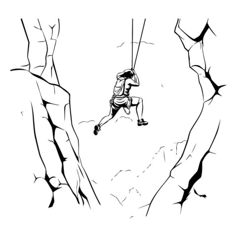 Rock climber climbs on a cracked wall. vector sketch illustratio