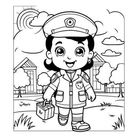 Coloring book for children: Girl firefighter with a bag of food