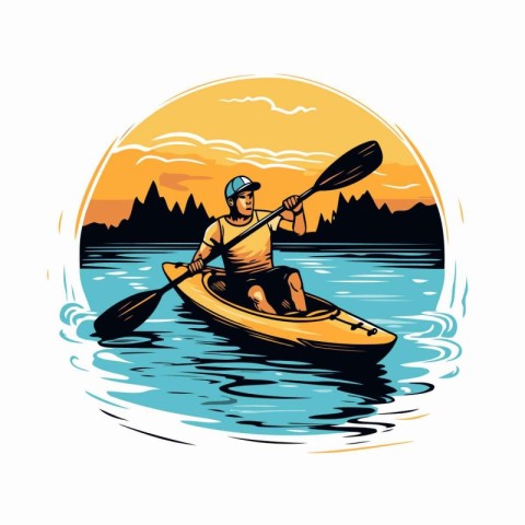 Man paddling in a kayak on the lake. Vector illustration.