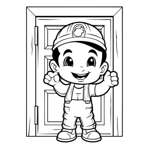 Firefighter boy at door - Black and White Cartoon Illustration.