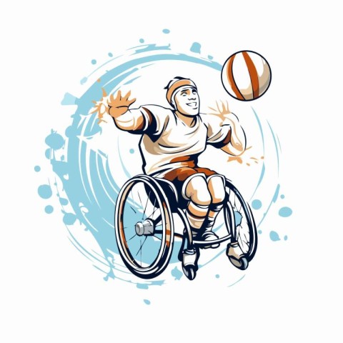 Disabled man in wheelchair playing basketball. Hand drawn vector