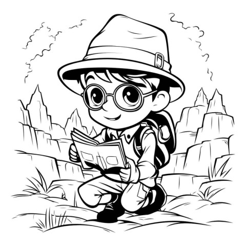 Boy Reading Book in the Desert - Black and White Cartoon Illustr