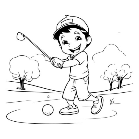 Boy playing golf on a golf course. Black and white vector illust